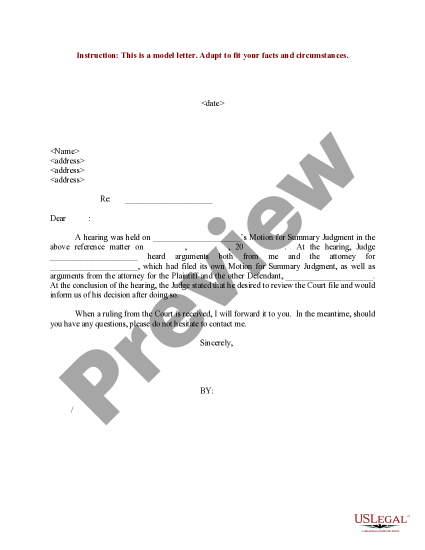 Cuyahoga Ohio Sample Letter to Client concerning Hearing on Motion of