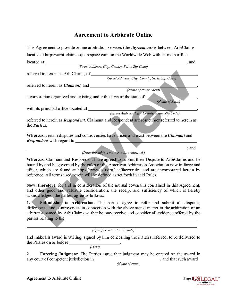 page 0 Agreement to Arbitrate Online preview