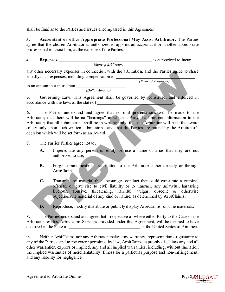 page 1 Agreement to Arbitrate Online preview
