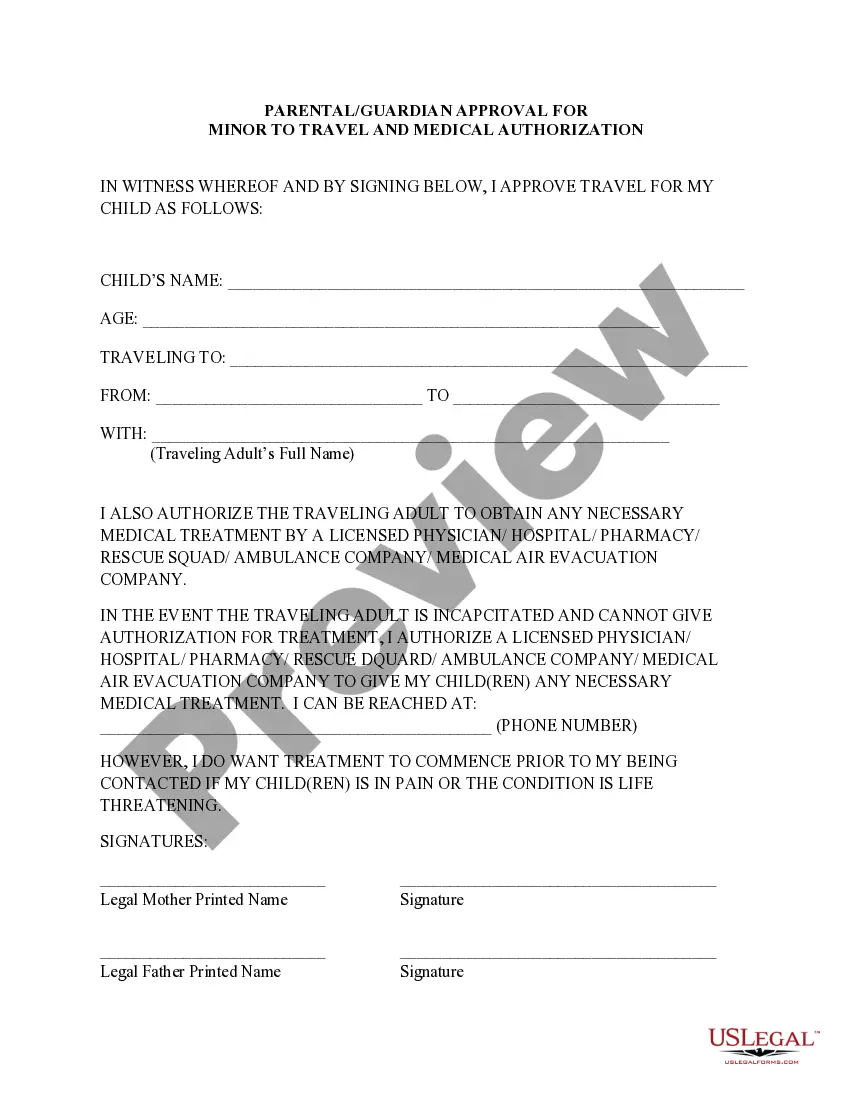 Preview Minor Consent to Travel and Medical Authorization