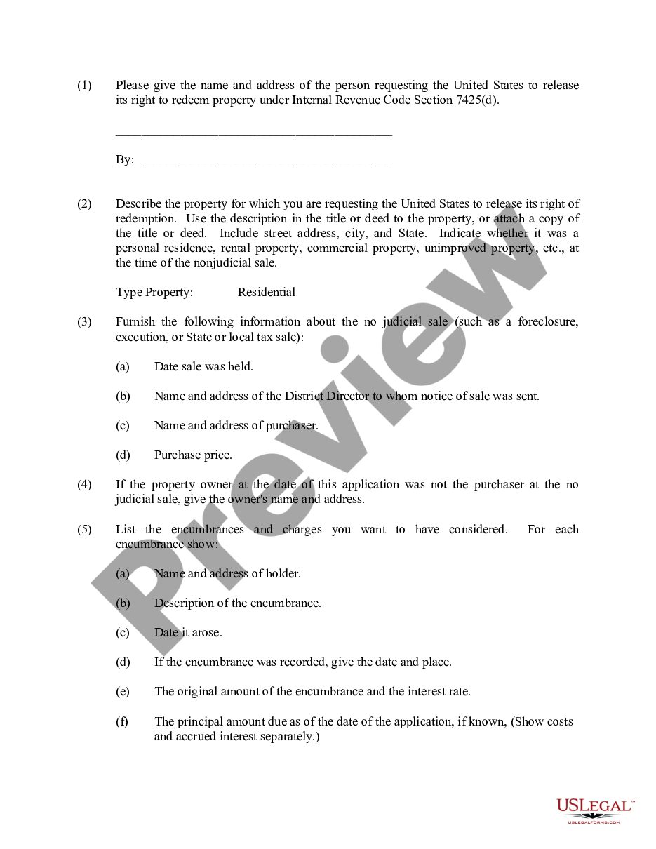 page 0 Application for Release of Right to Redeem Property from IRS After Foreclosure preview
