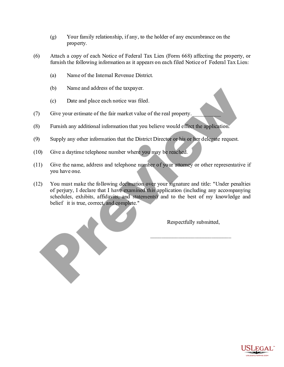page 1 Application for Release of Right to Redeem Property from IRS After Foreclosure preview