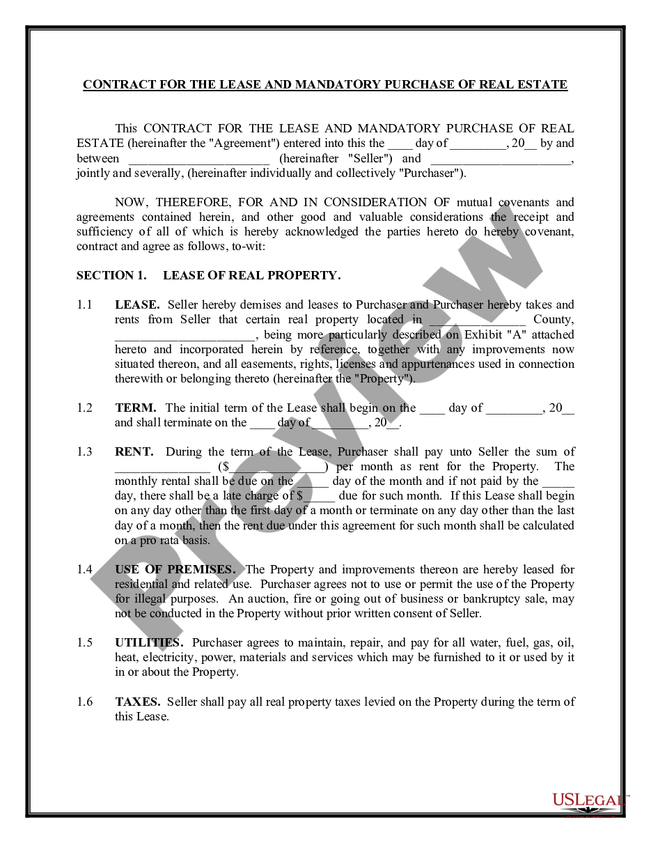 page 0 Contract for the Lease and Mandatory Purchase of Real Estate - Specific performance clause preview