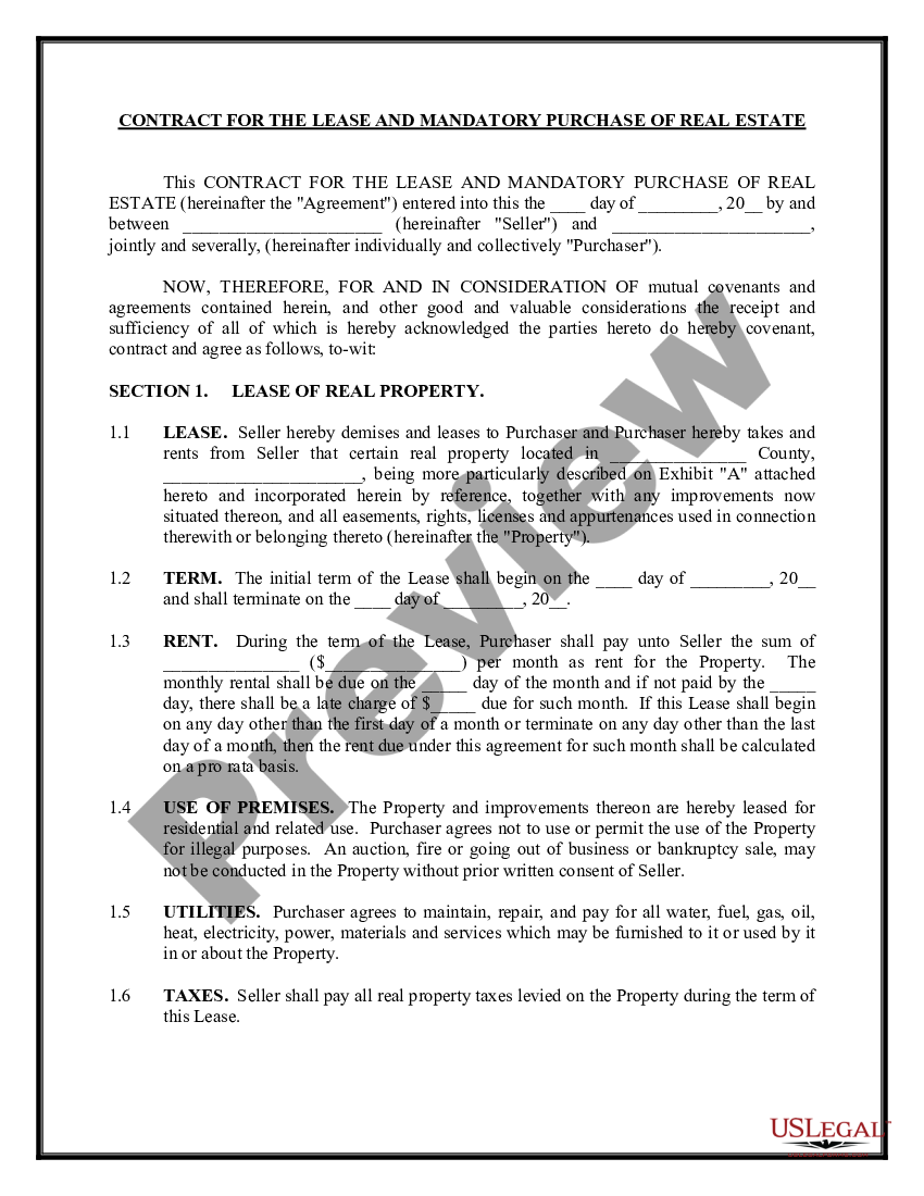 Contract for the Lease and Mandatory Purchase of Real Estate Real Estate Clause US Legal Forms