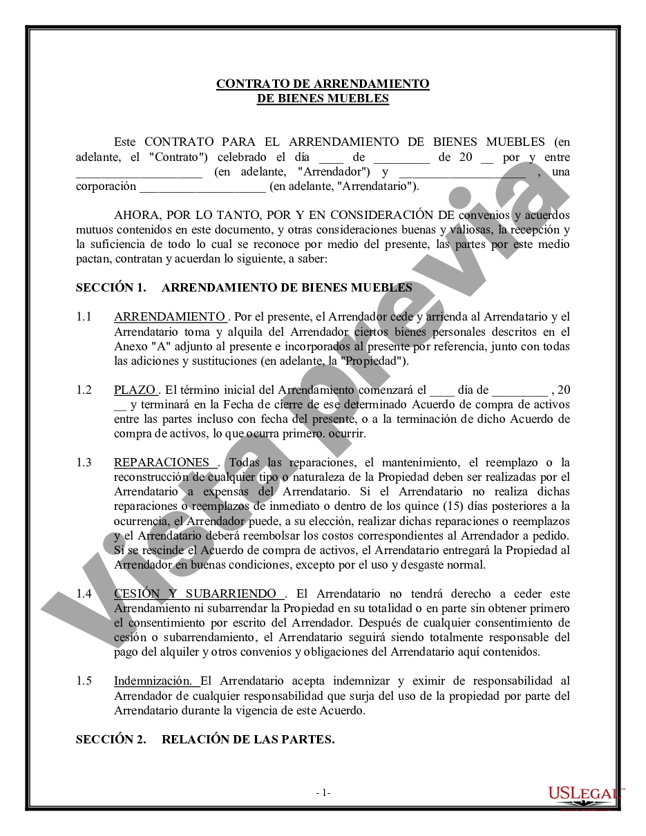 Contrato De Arrendamiento De Bienes Muebles Us Legal Forms 8786