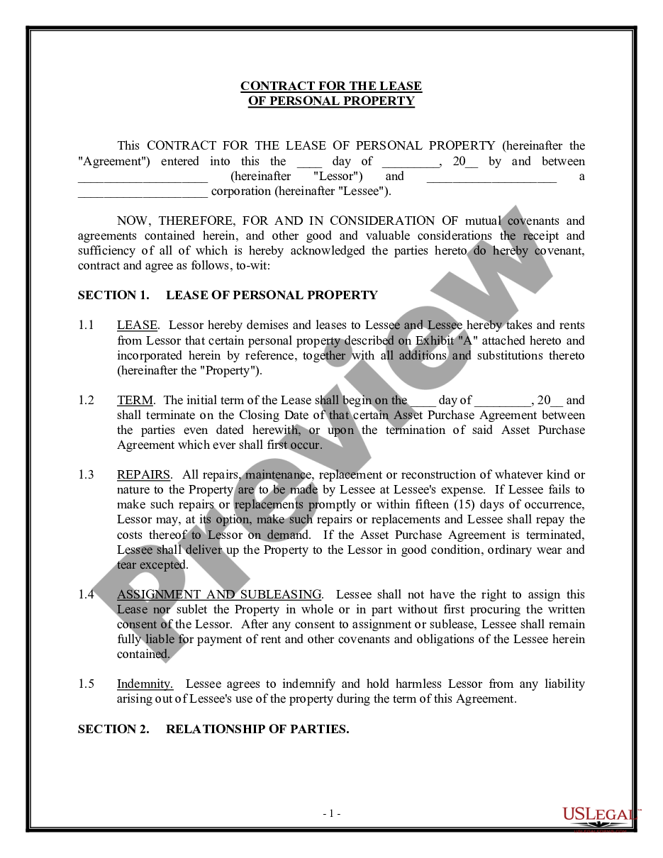 page 0 Contract for the Lease of Personal Property preview