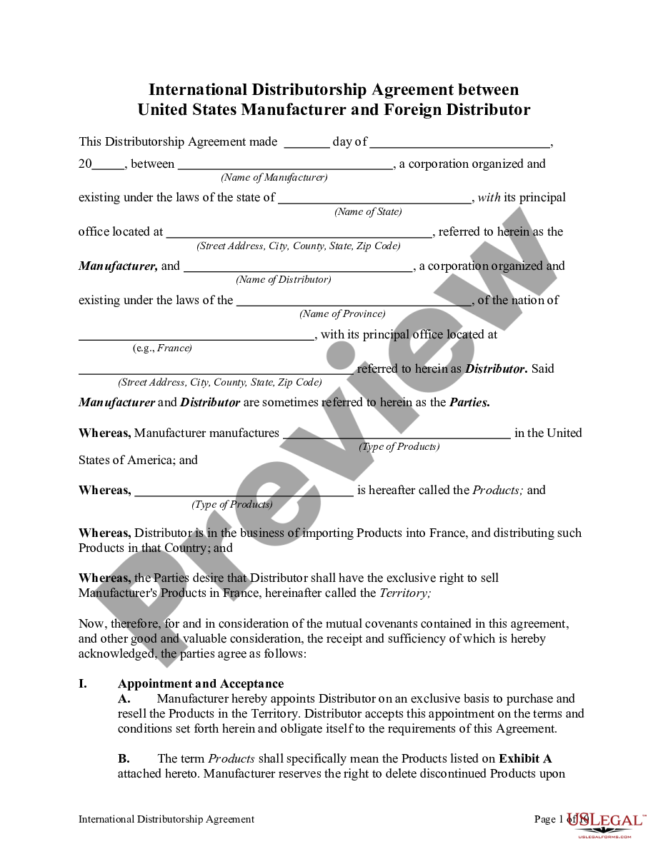 page 0 International Distributorship Agreement Between US Manufacturer and Foreign Distributor preview