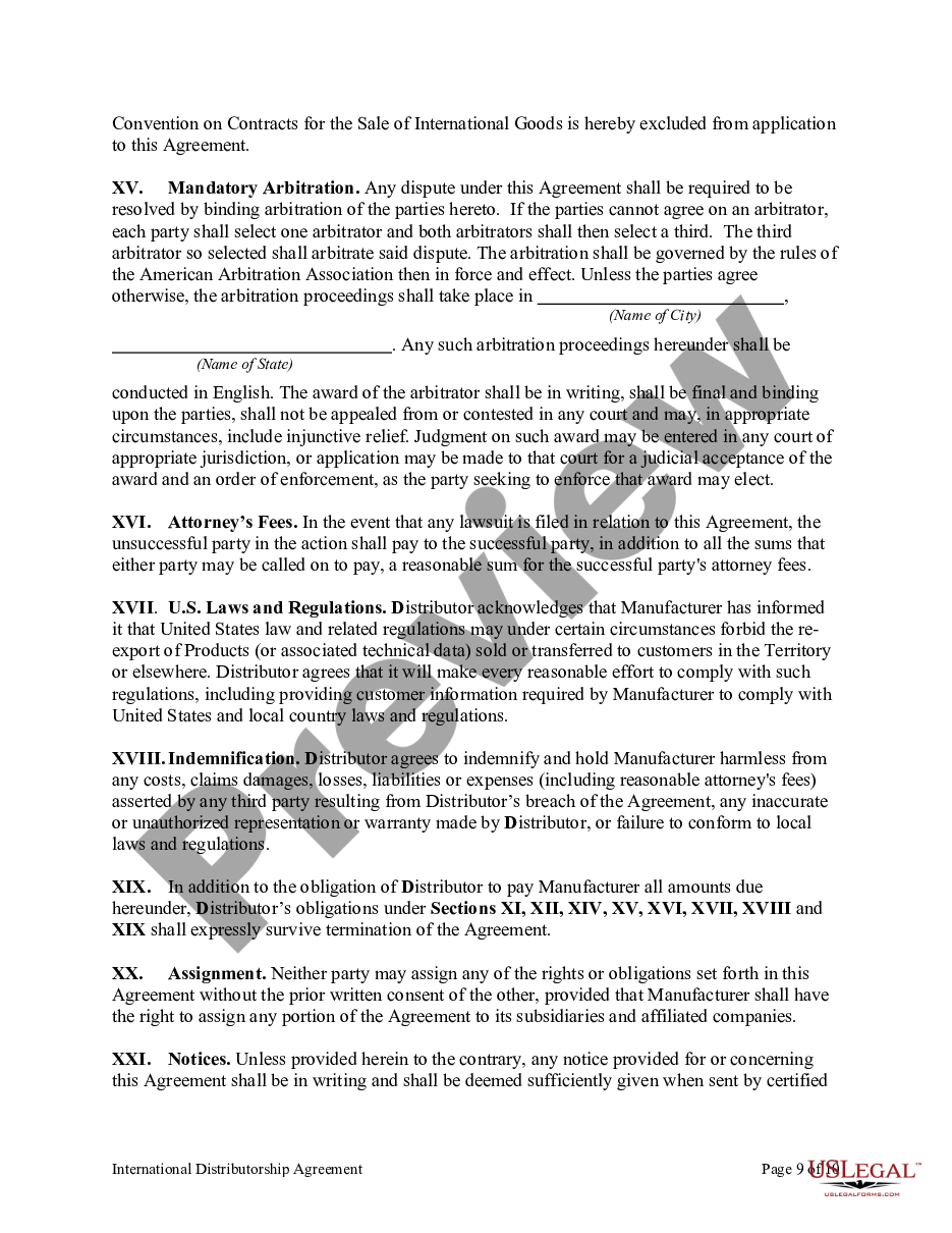 page 8 International Distributorship Agreement Between US Manufacturer and Foreign Distributor preview