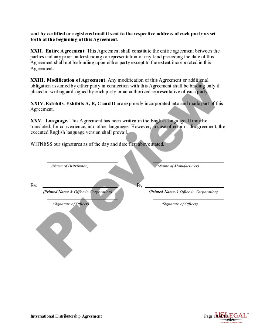 Get International Distributorship Agreement Between US Manufacturer and Foreign Distributor Preview International Distributorship Agreement Between US Manufacturer and Foreign Distributor