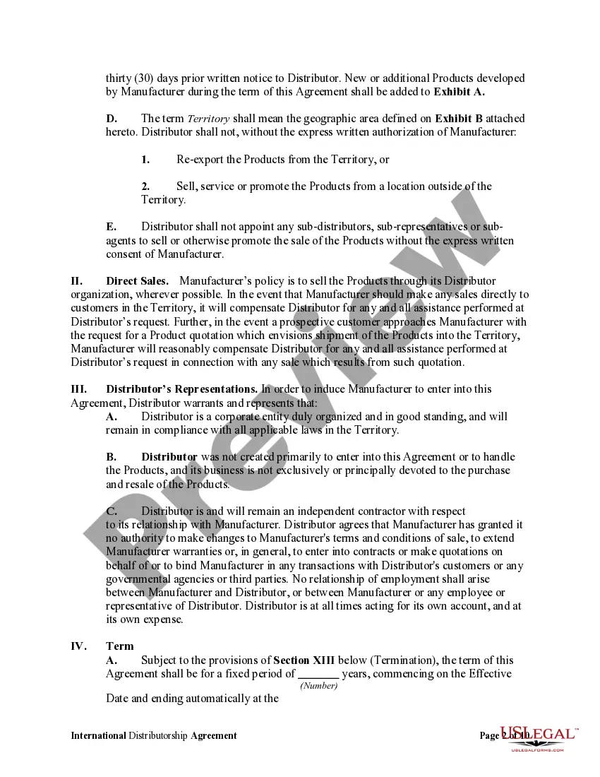 Get International Distributorship Agreement Between US Manufacturer and Foreign Distributor Preview International Distributorship Agreement Between US Manufacturer and Foreign Distributor