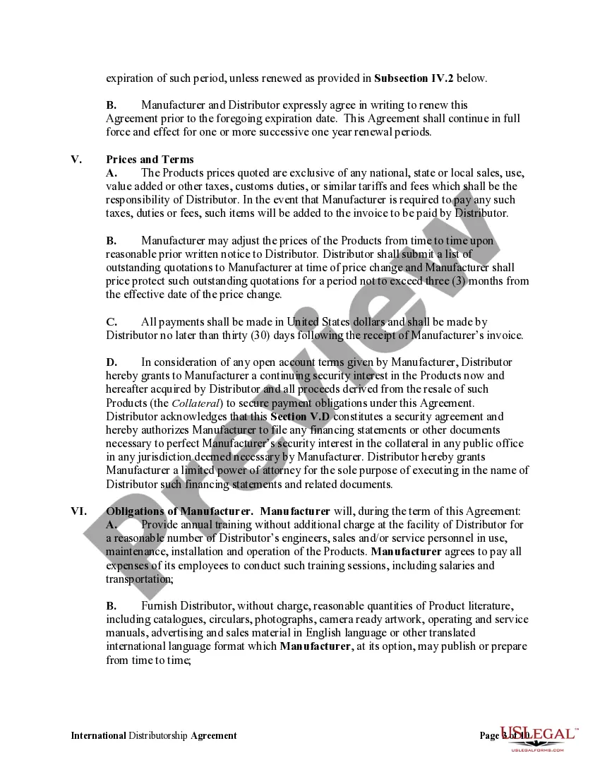Get International Distributorship Agreement Between US Manufacturer and Foreign Distributor Preview International Distributorship Agreement Between US Manufacturer and Foreign Distributor