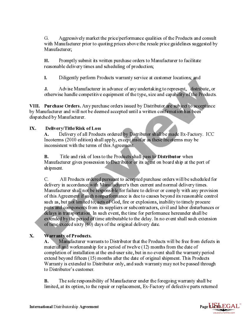 Get International Distributorship Agreement Between US Manufacturer and Foreign Distributor Preview International Distributorship Agreement Between US Manufacturer and Foreign Distributor