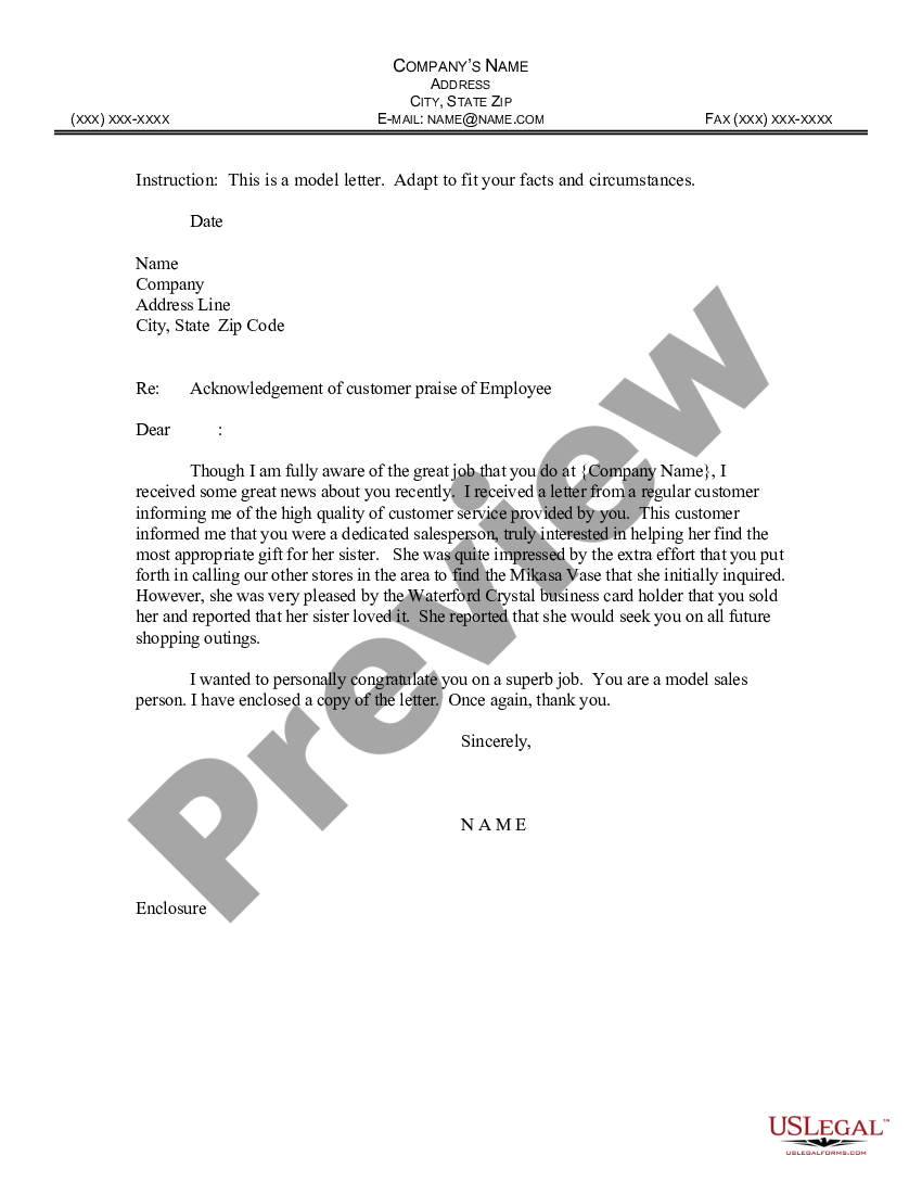 Washington Sample Letter For Acknowledgment Of Customer Praise Of Employee Employee 2839