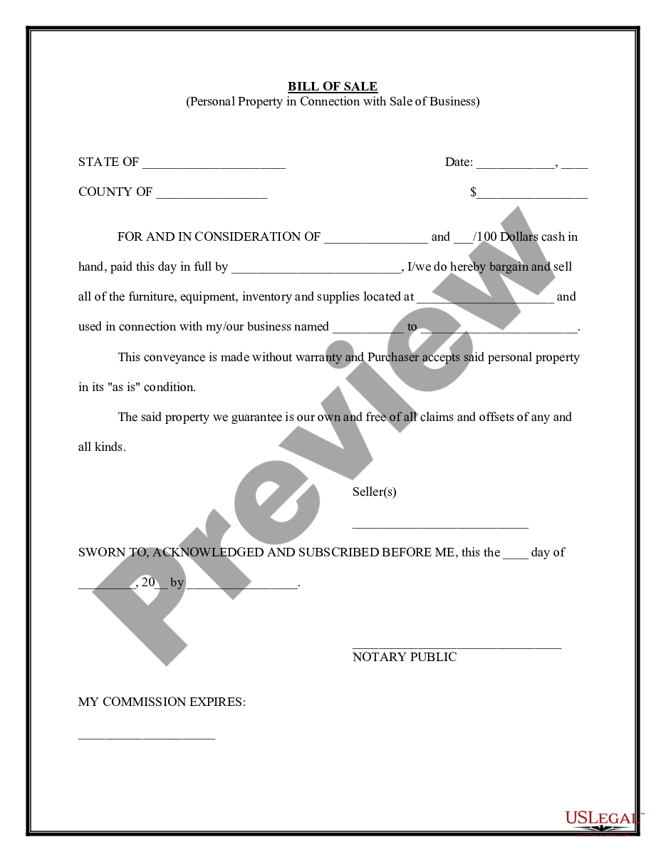 form Simple Bill of Sale for Personal Property Used in Connection with Business preview