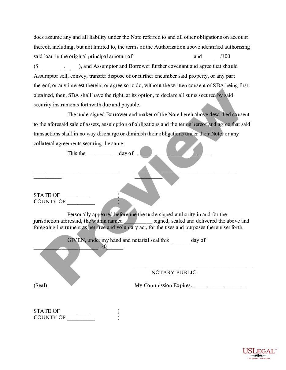 page 1 Assumption Agreement of SBA Loan preview