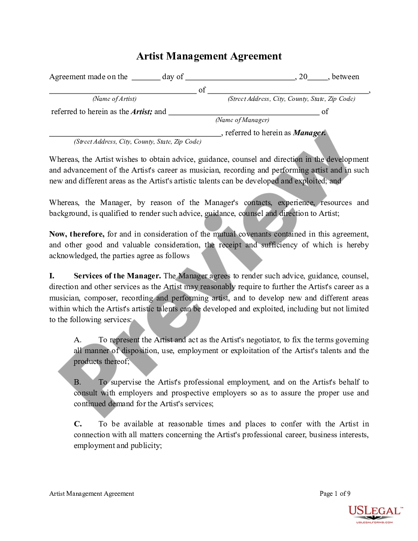 Artist Management Agreement Manager Contract For Music