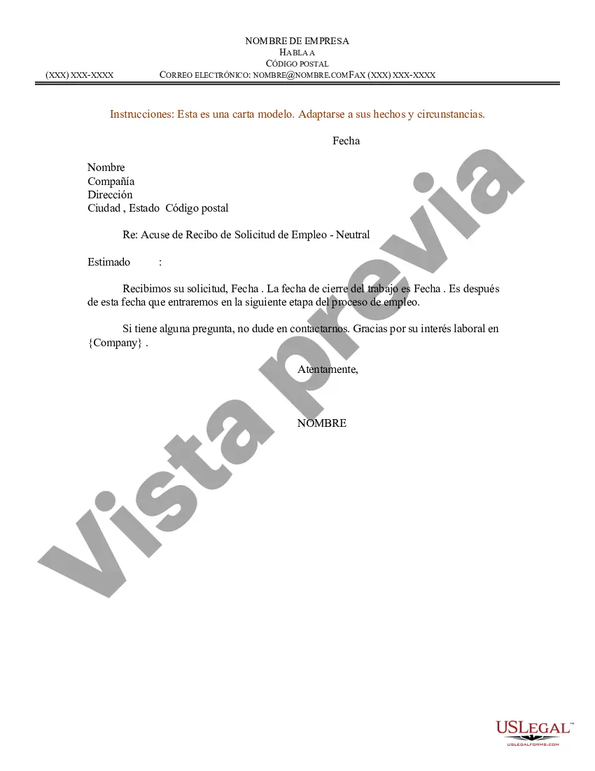 Preview Modelo de carta de acuse de recibo de solicitud de empleo - Neutral