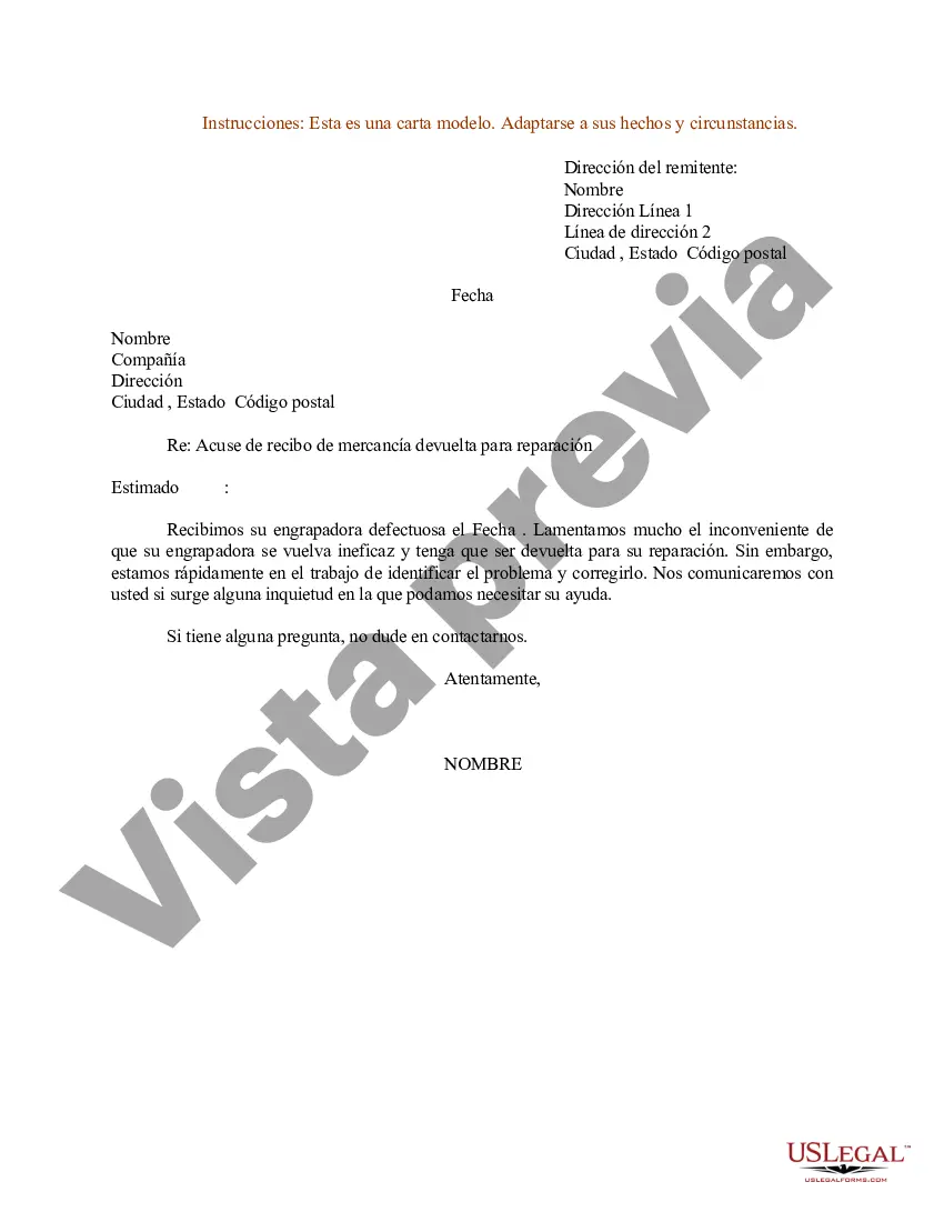 Preview Ejemplo de carta de acuse de recibo de mercancía devuelta para reparación