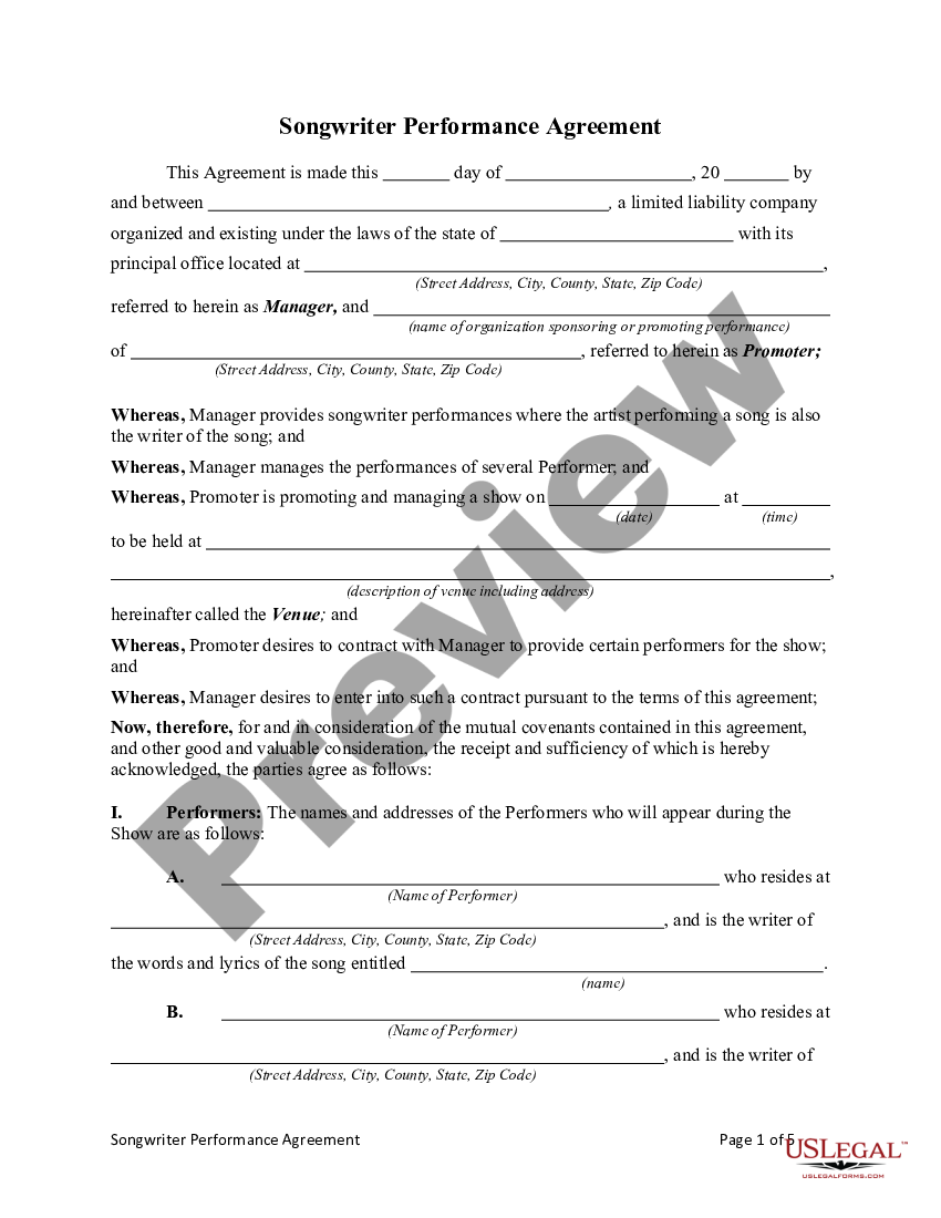 Songwriter Agreement Template For House US Legal Forms