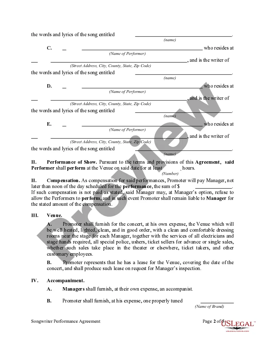 Get Songwriter Performance Agreement Preview Songwriter Performance Agreement