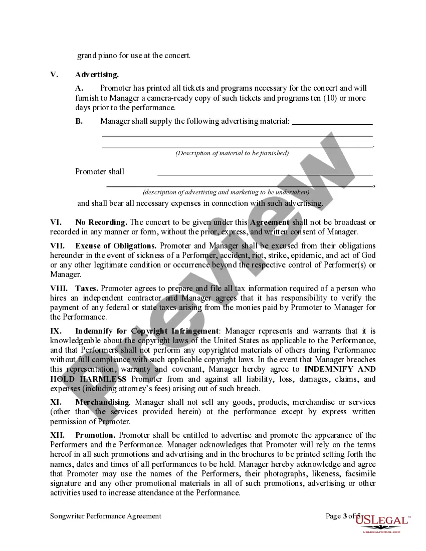 Get Songwriter Performance Agreement Preview Songwriter Performance Agreement