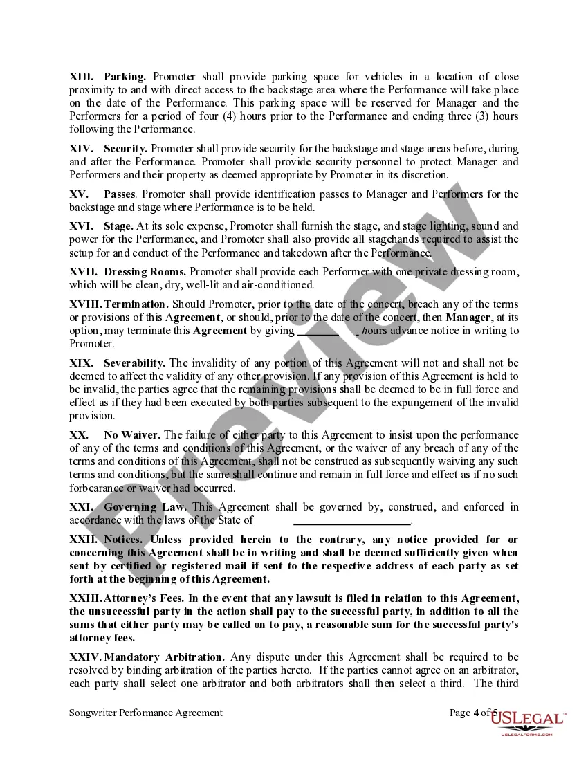Get Songwriter Performance Agreement Preview Songwriter Performance Agreement