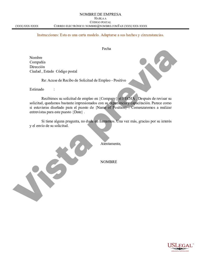 Preview Ejemplo de carta de acuse de recibo de solicitud de empleo - Positivo