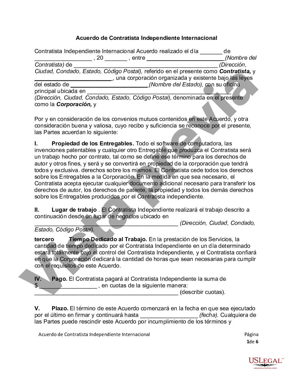 Acuerdo De Contratista Independiente Internacional Us Legal Forms 1294