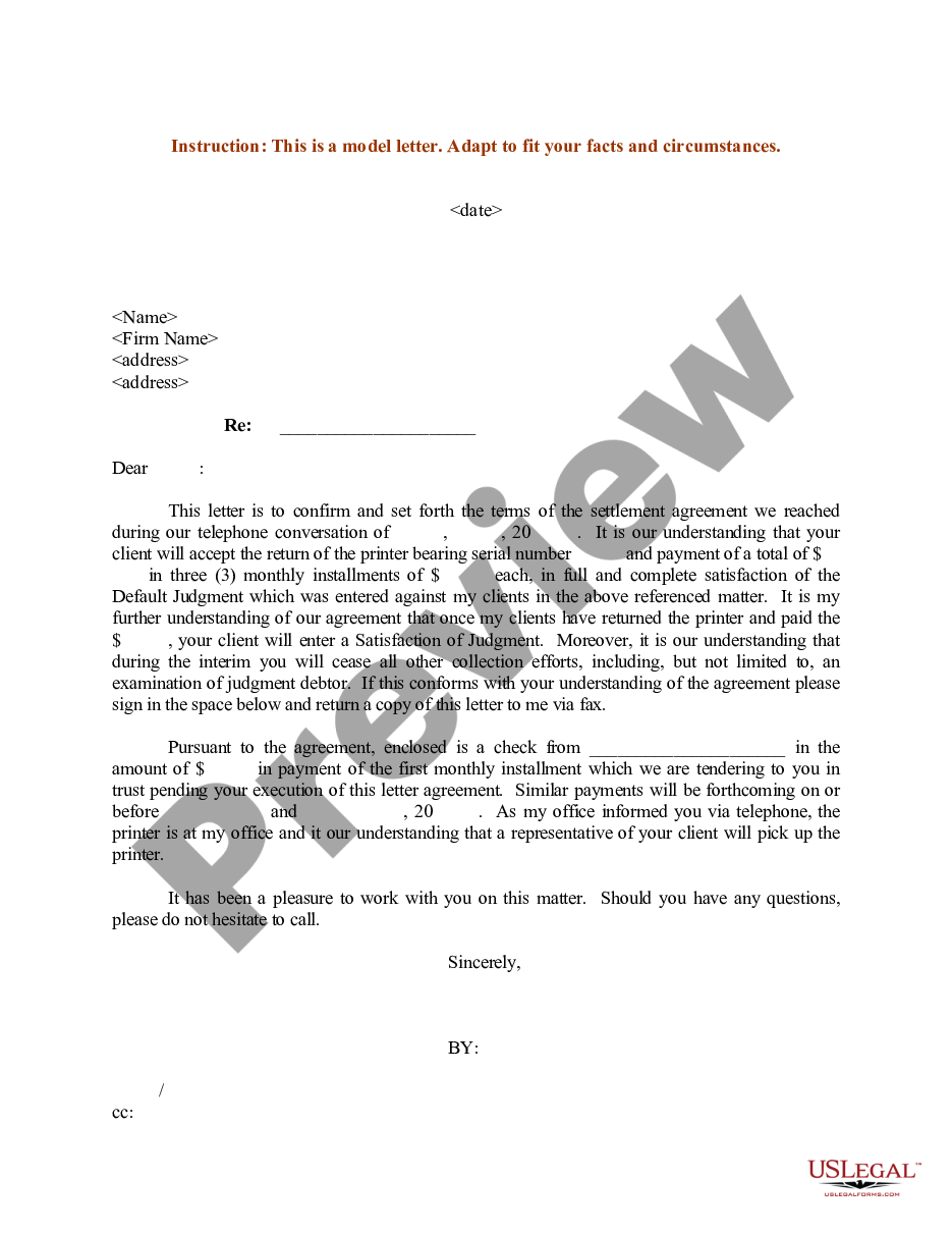 form Sample Letter Confirming Details of Settlement Agreement preview