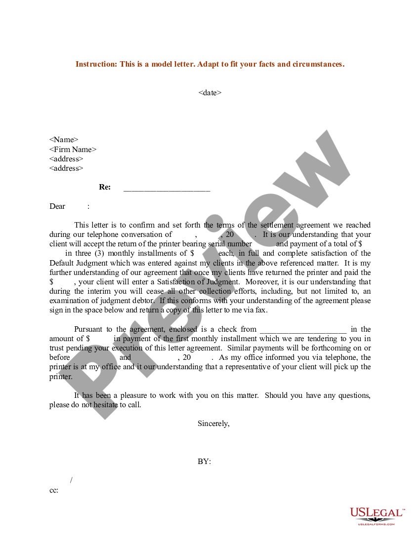 Hillsborough Florida Sample Letter Confirming Details Of Settlement 