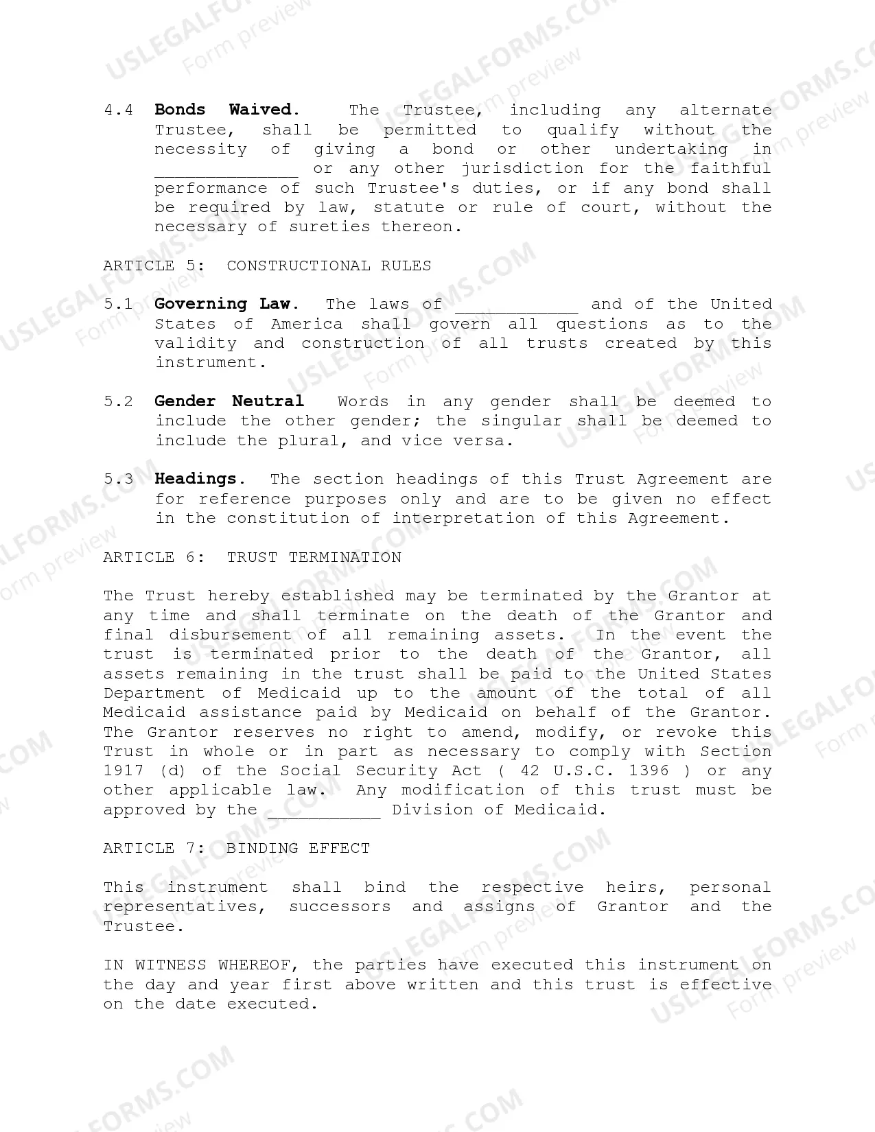 Preview Medicaid Income Trust Form
