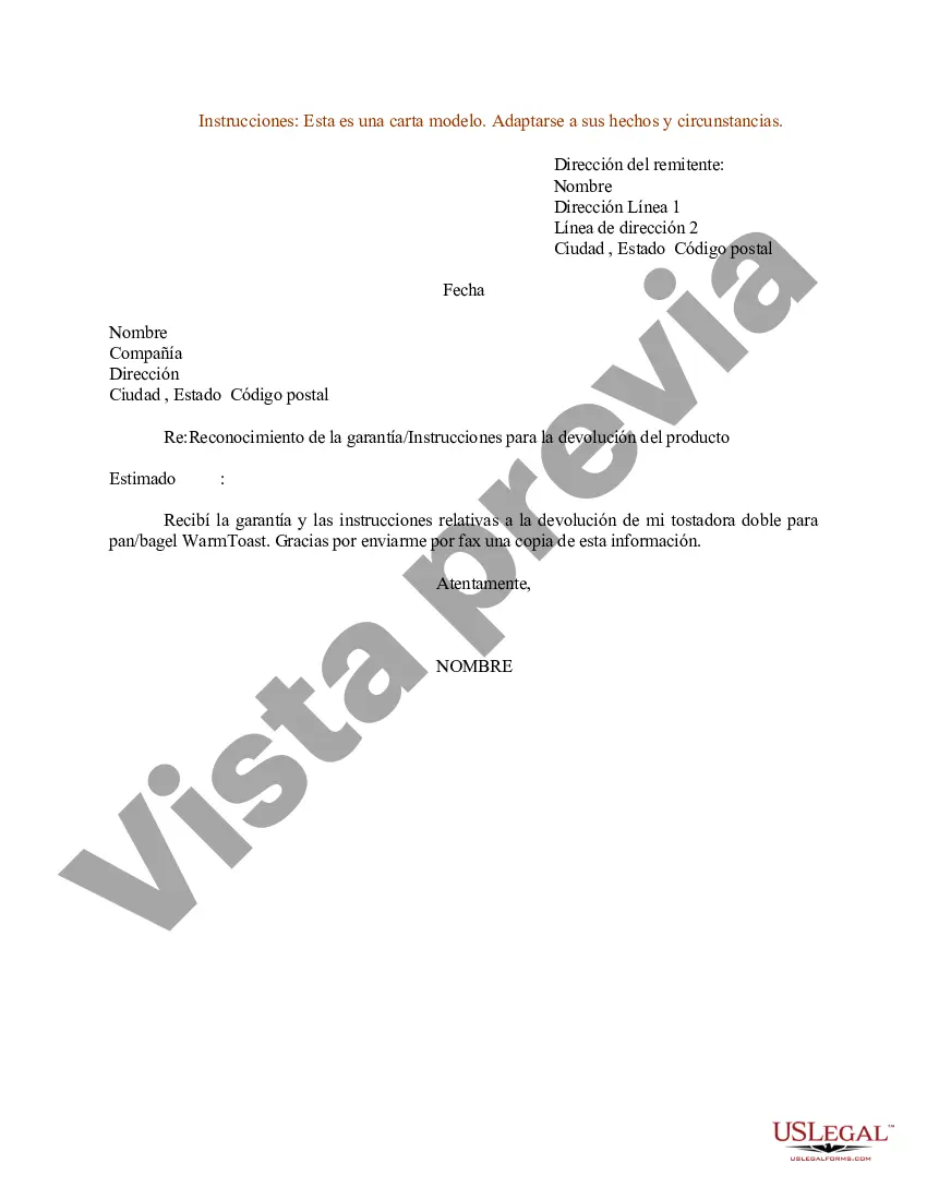 Preview Ejemplo de carta de reconocimiento de garantía: instrucciones para la devolución del producto
