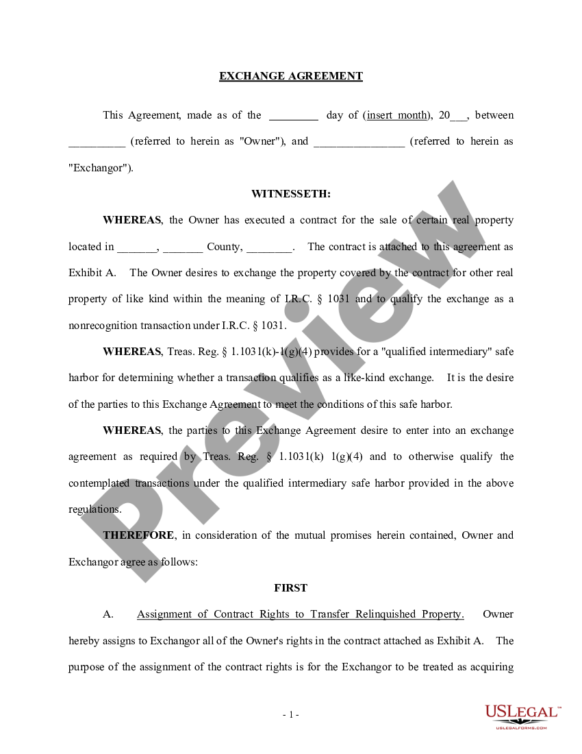 Exchange Agreement for Real Estate 1031 Exchange Agreement Form