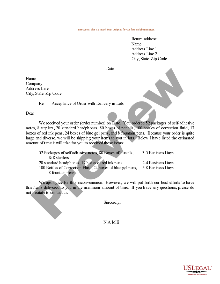 Arkansas Sample Letter for Acceptance of Order with Delivery in Lots