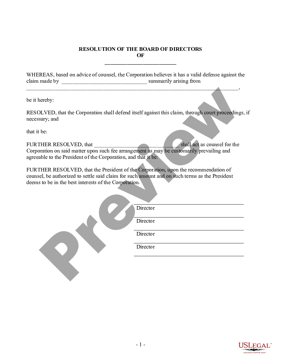 page 0 Defend Lawsuit - Resolution Form - Corporate Resolutions preview