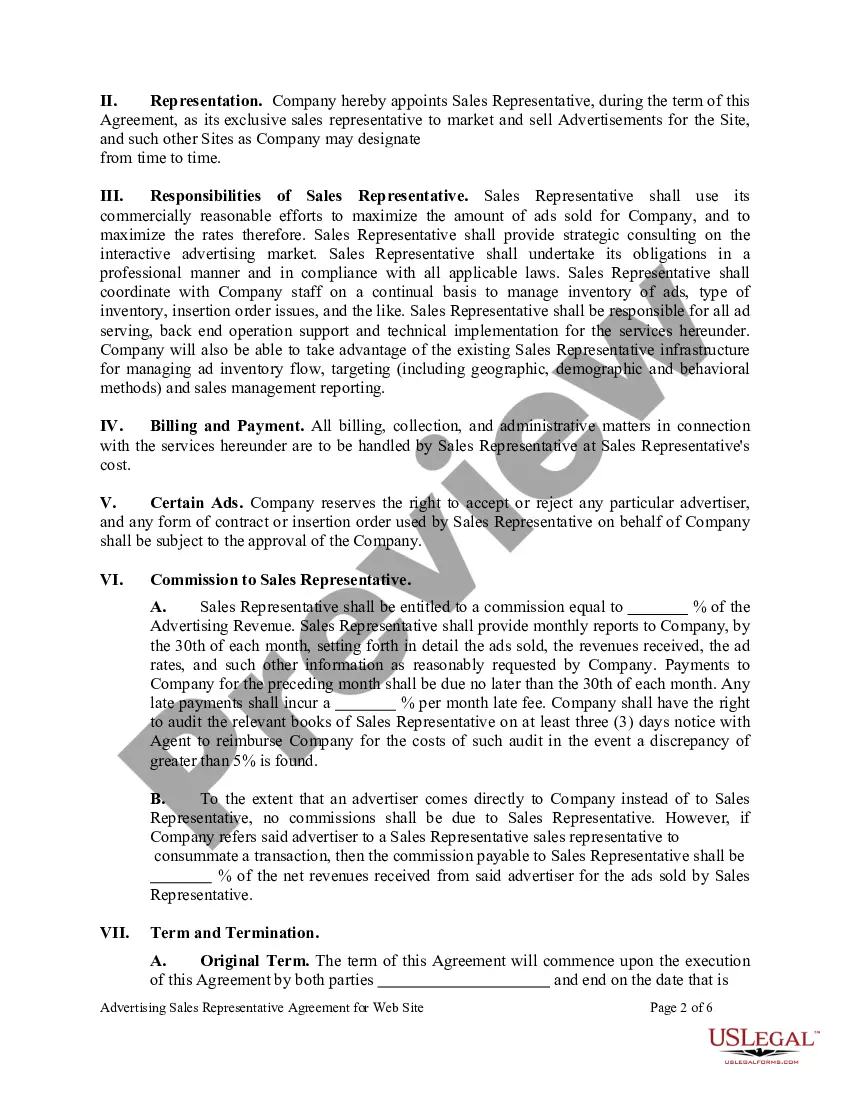 Preview Advertising Sales Representative Agreement for Web Site