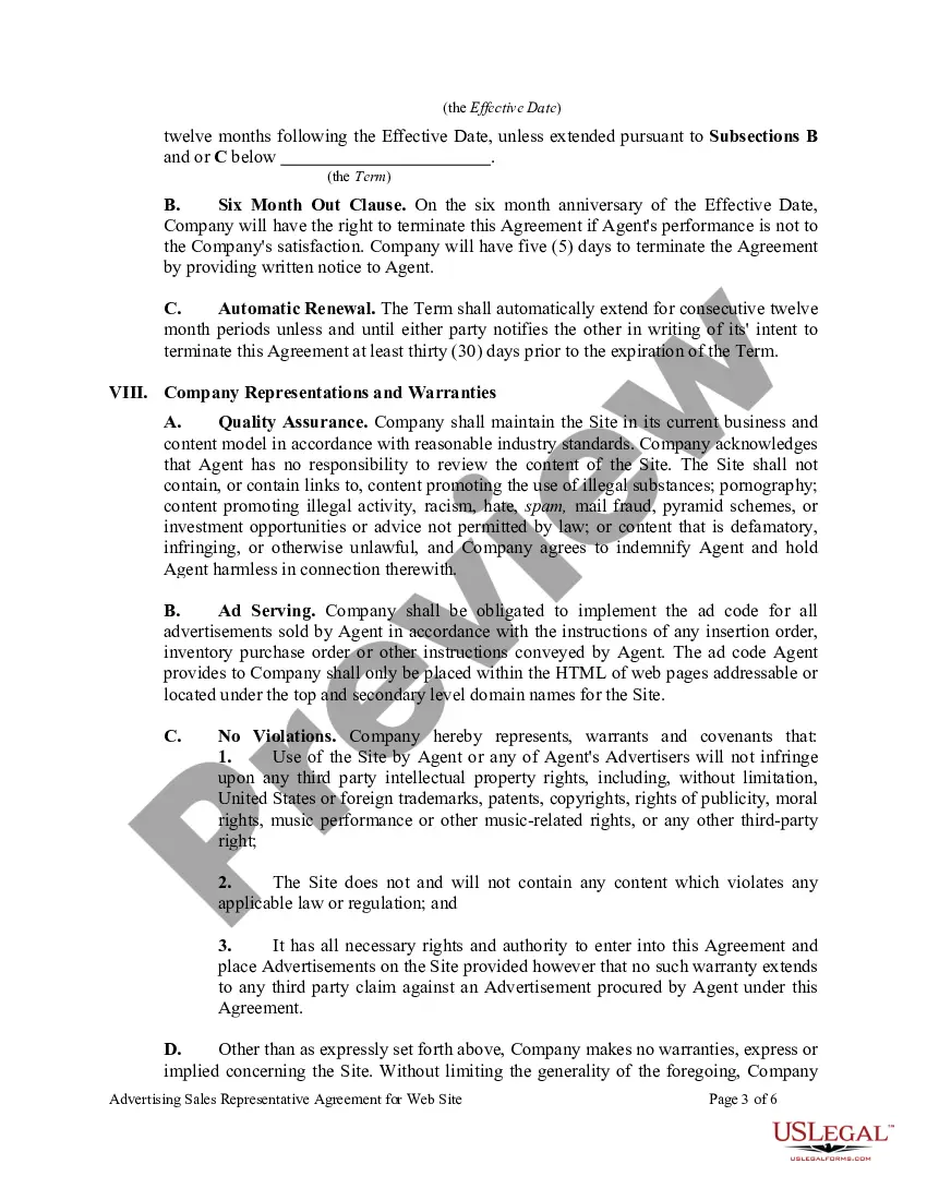 Preview Advertising Sales Representative Agreement for Web Site
