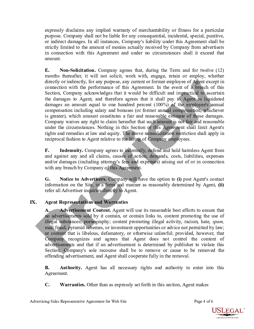 Preview Advertising Sales Representative Agreement for Web Site