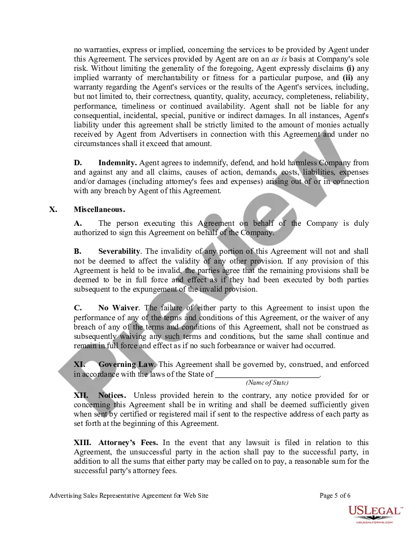 Preview Advertising Sales Representative Agreement for Web Site