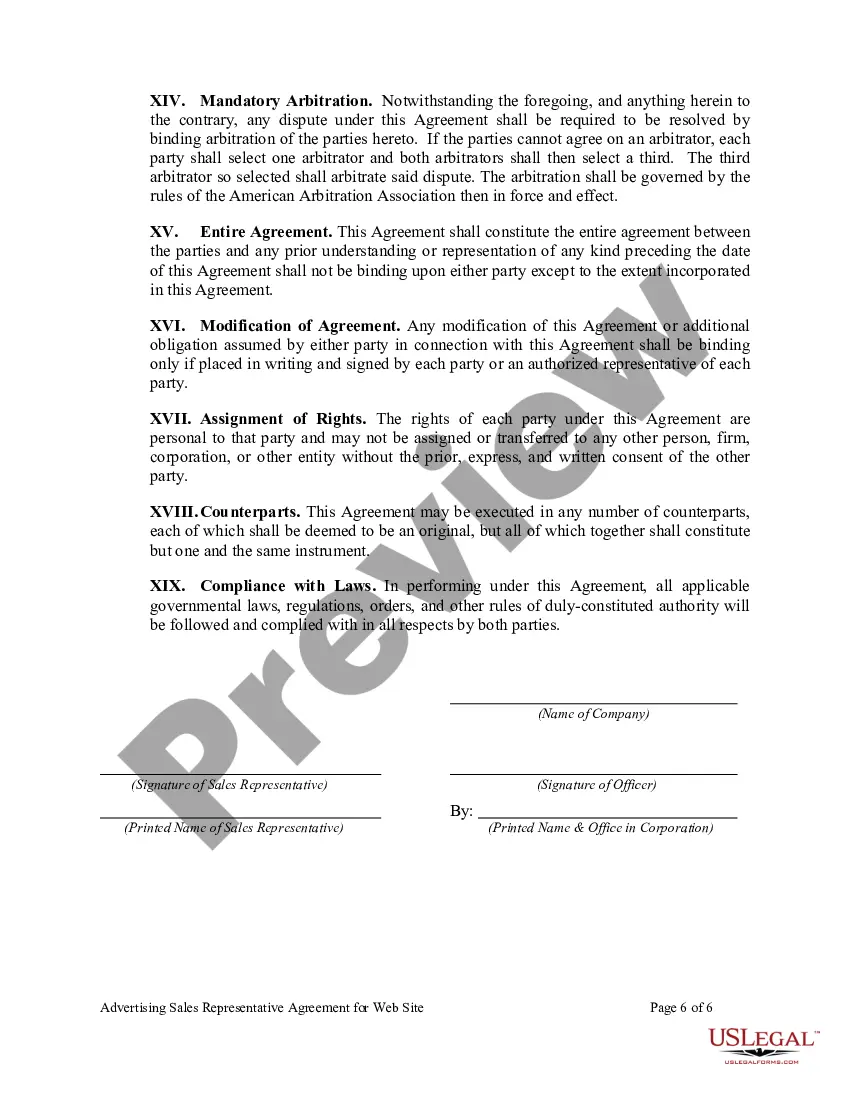 Preview Advertising Sales Representative Agreement for Web Site