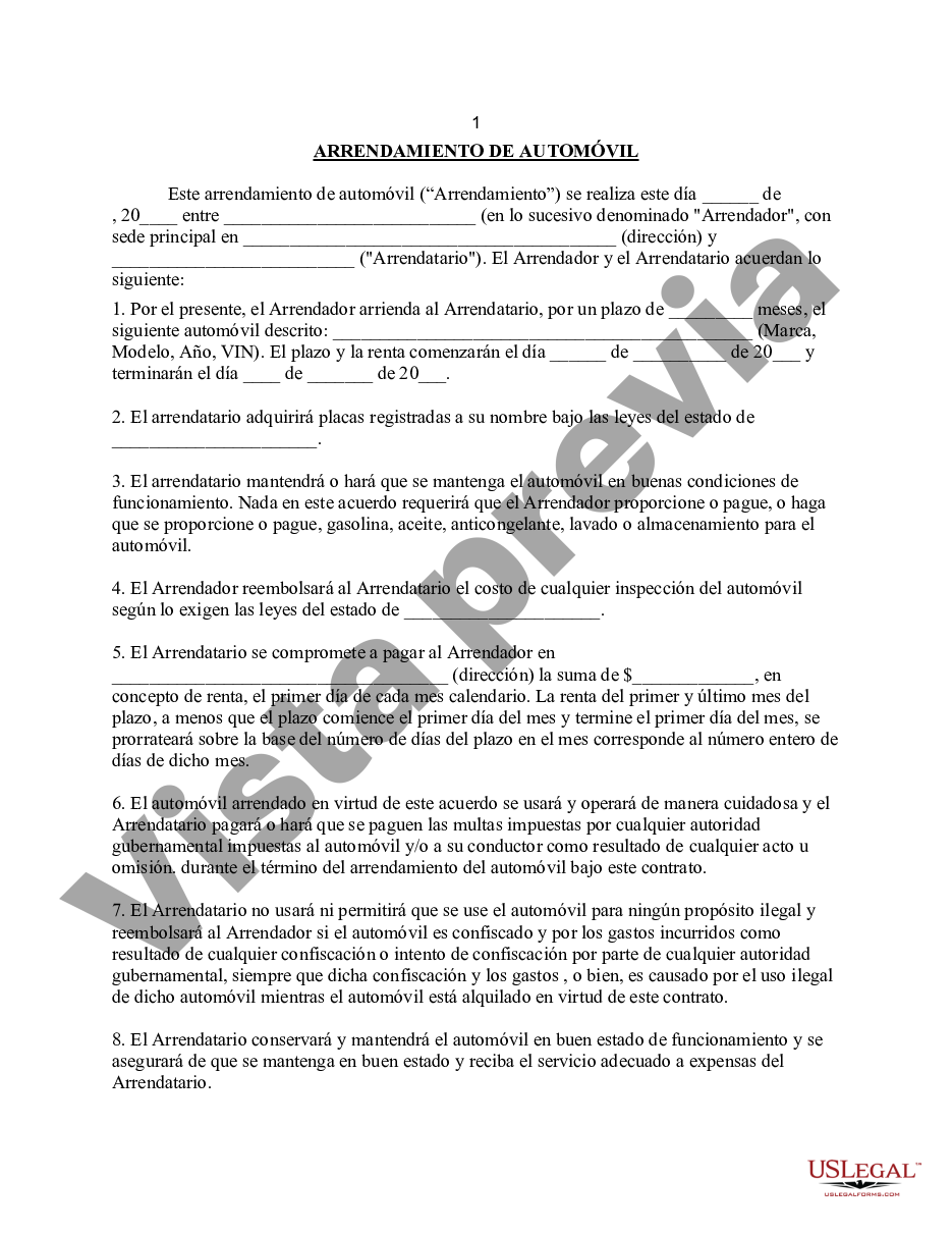 San Antonio Texas Contrato de Arrendamiento o Renta de Automóvil, Carro,  Camión o Vehículo por Individuo - Personal - Contrato Arrendamiento | US  Legal Forms