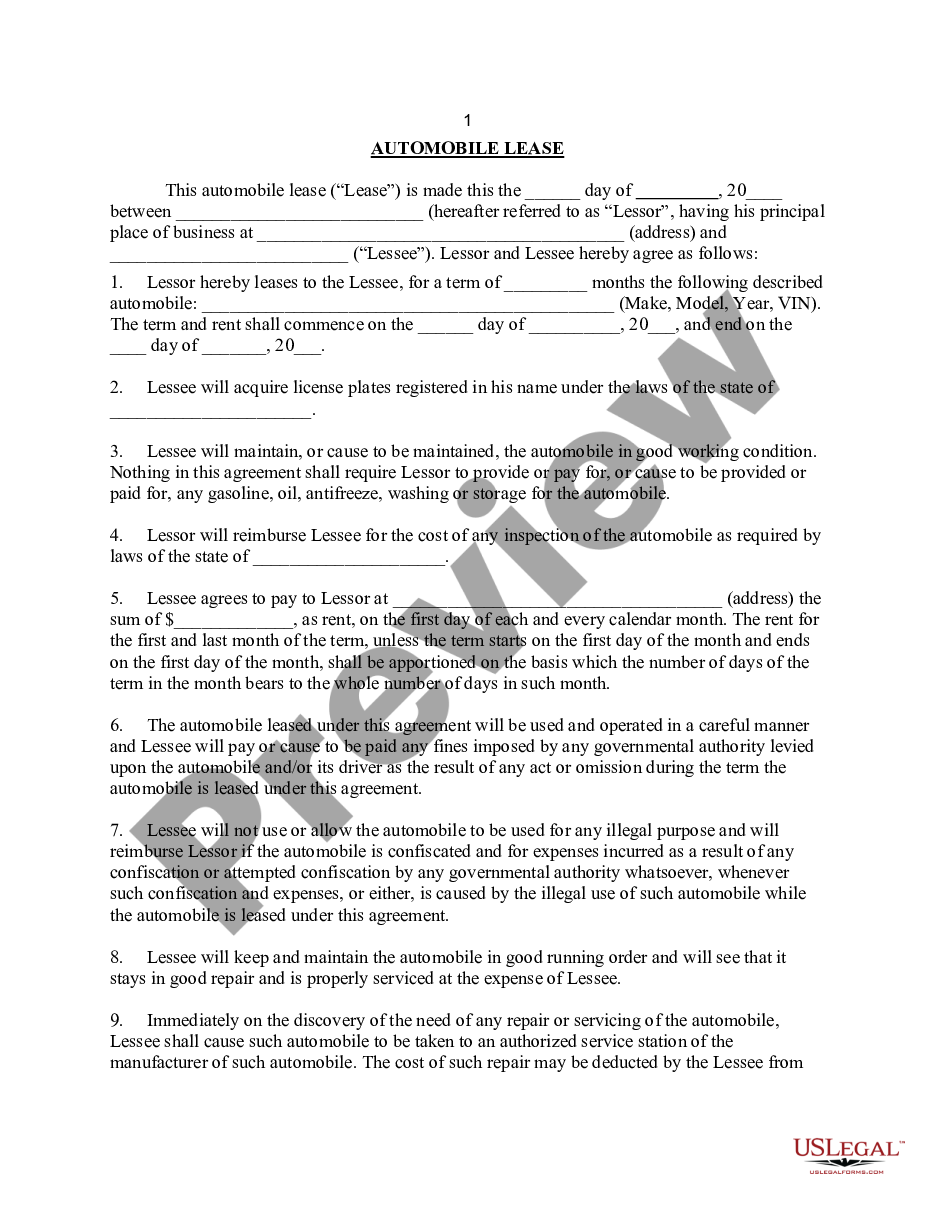 page 0 Lease or Rental Agreement of Automobile, Car, Truck, or Vehicle by Individual - Personal - Template preview