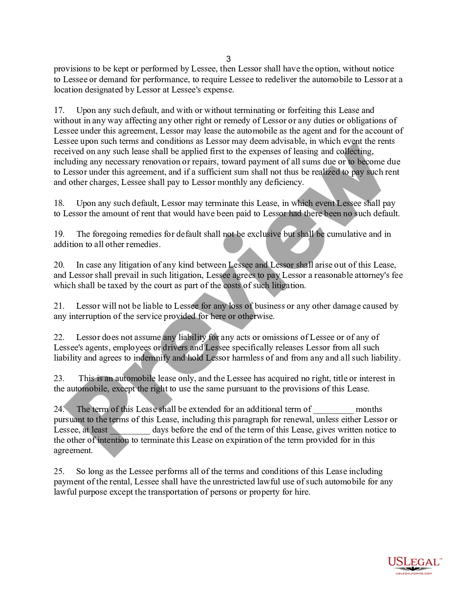 page 2 Lease or Rental Agreement of Automobile, Car, Truck, or Vehicle by Individual - Personal - Template preview