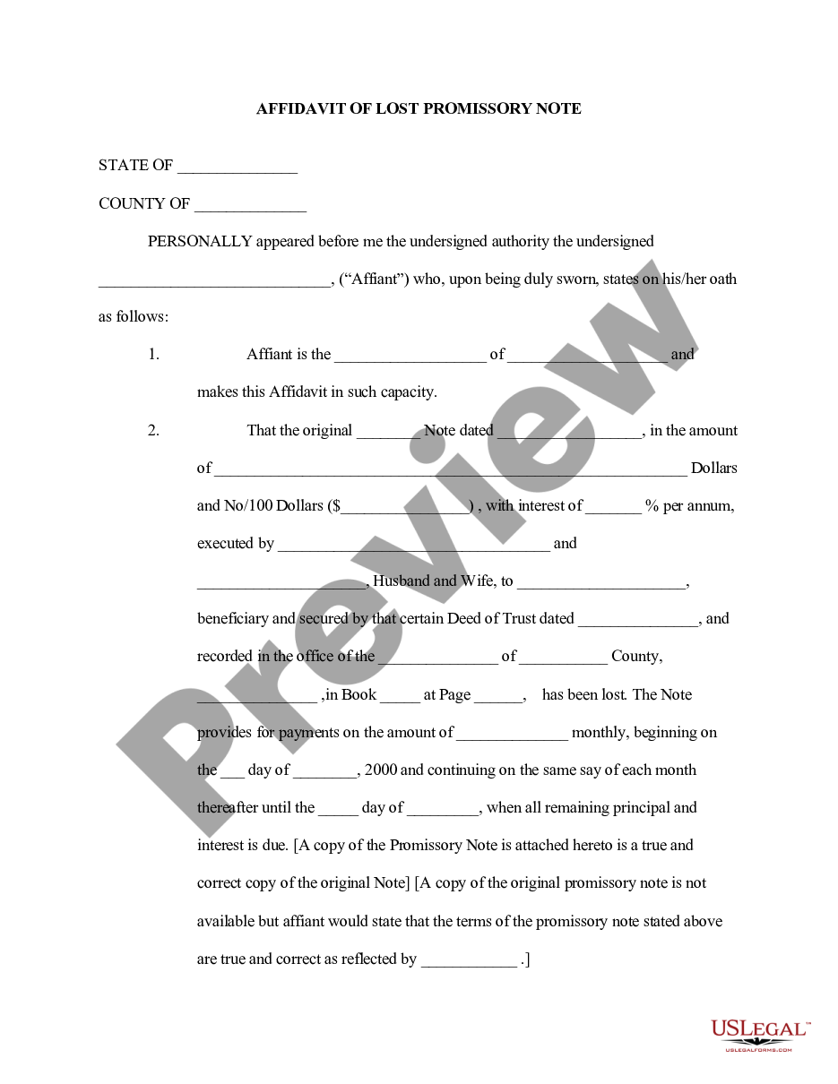 form Affidavit of Lost Promissory Note preview