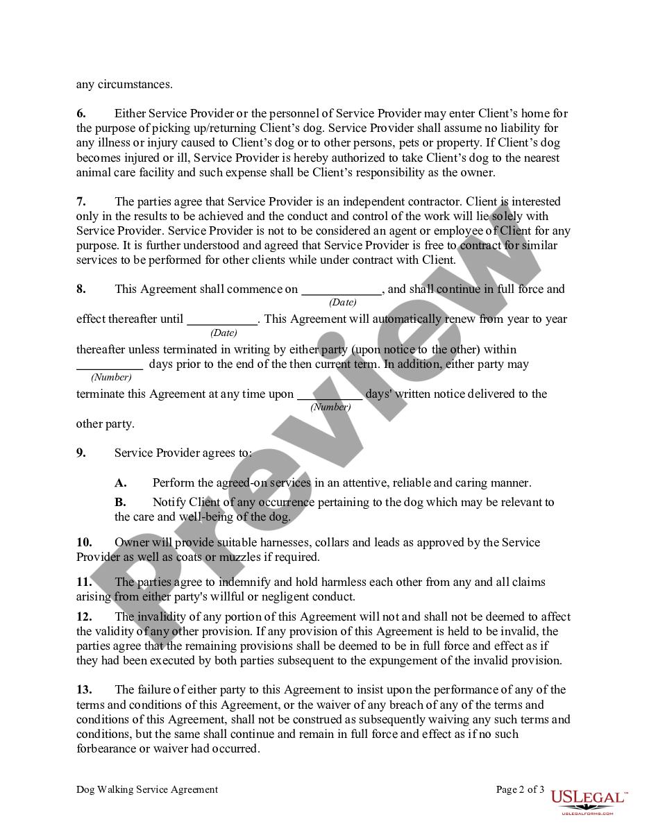 Dog Walking Service Agreement Dog Walking Agreement Form US Legal Forms