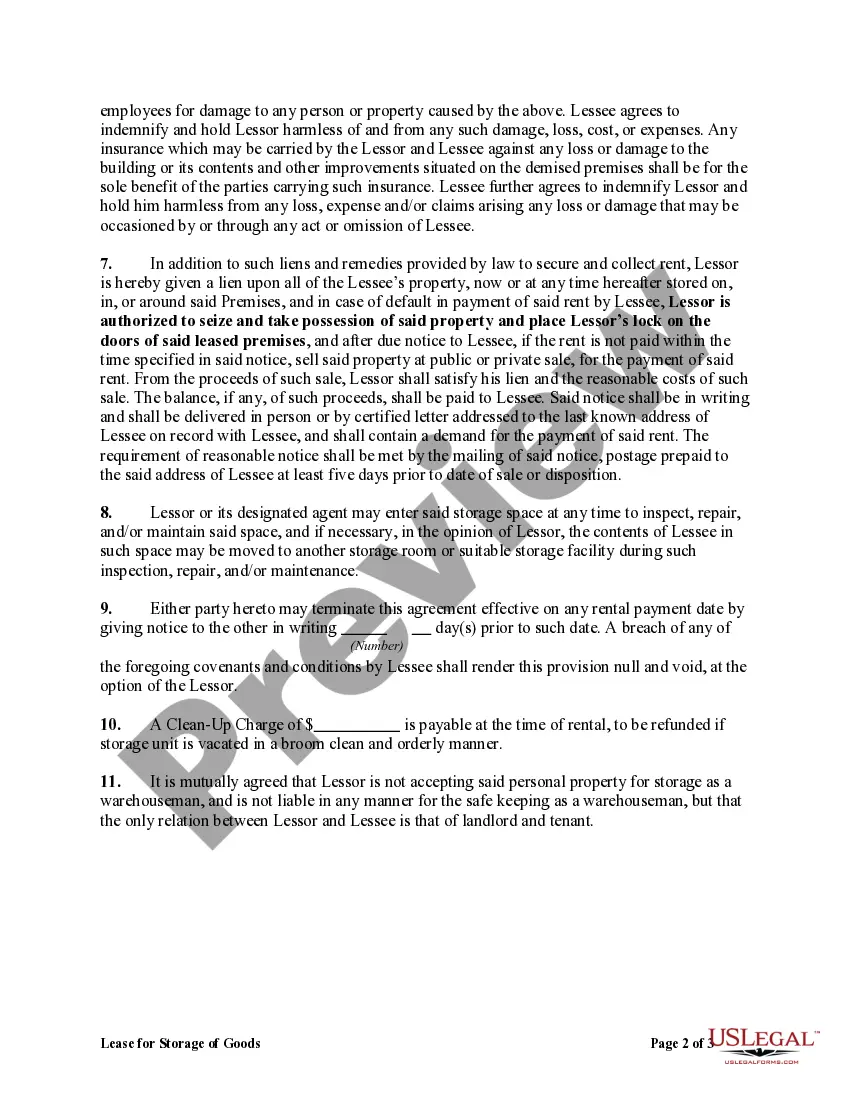 Preview Lease for Storage of Goods