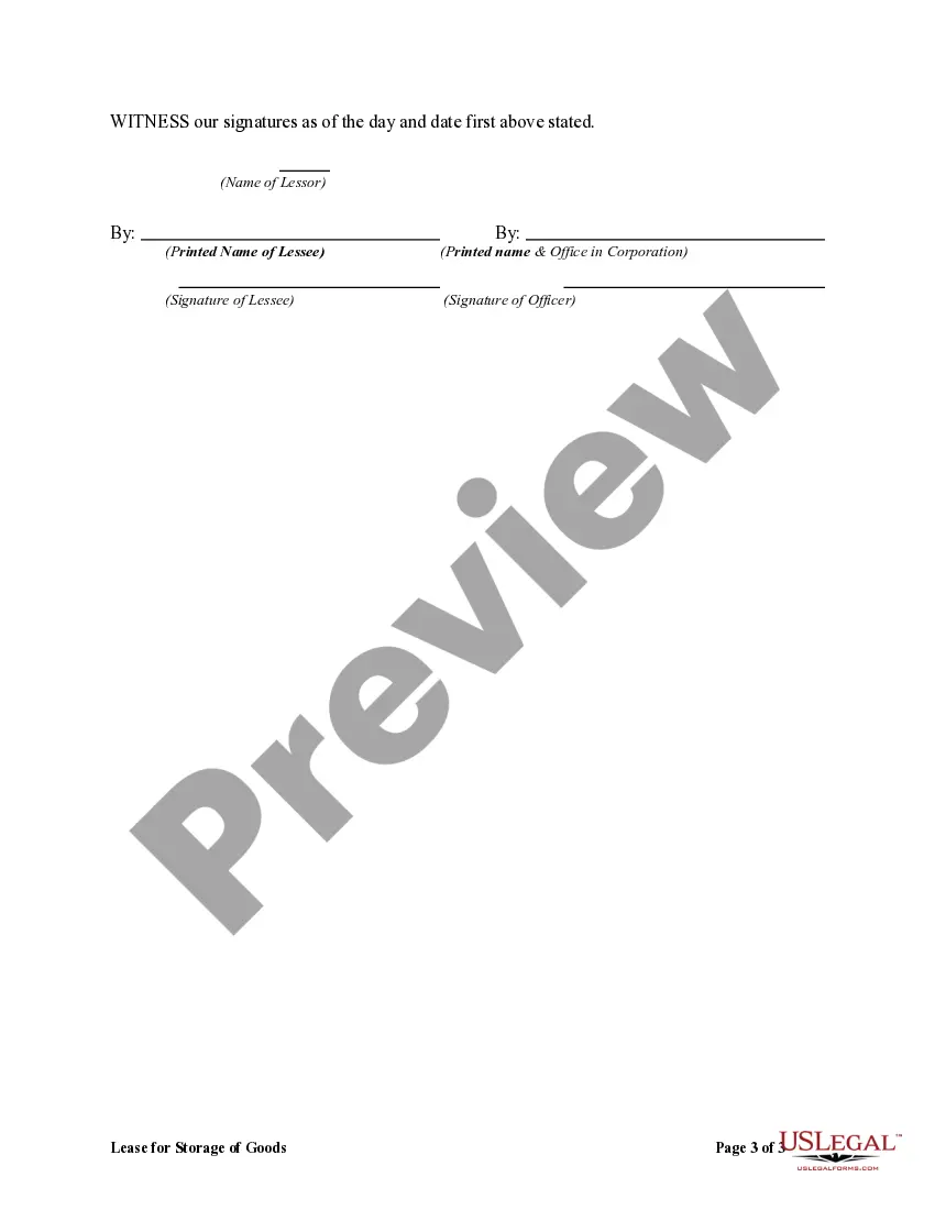 Preview Lease for Storage of Goods