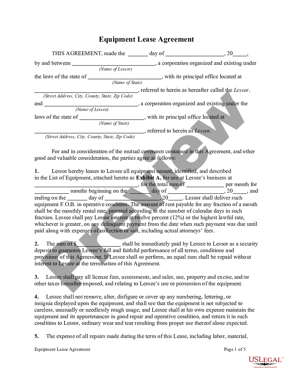 page 0 Equipment Rental Agreement - Lease preview