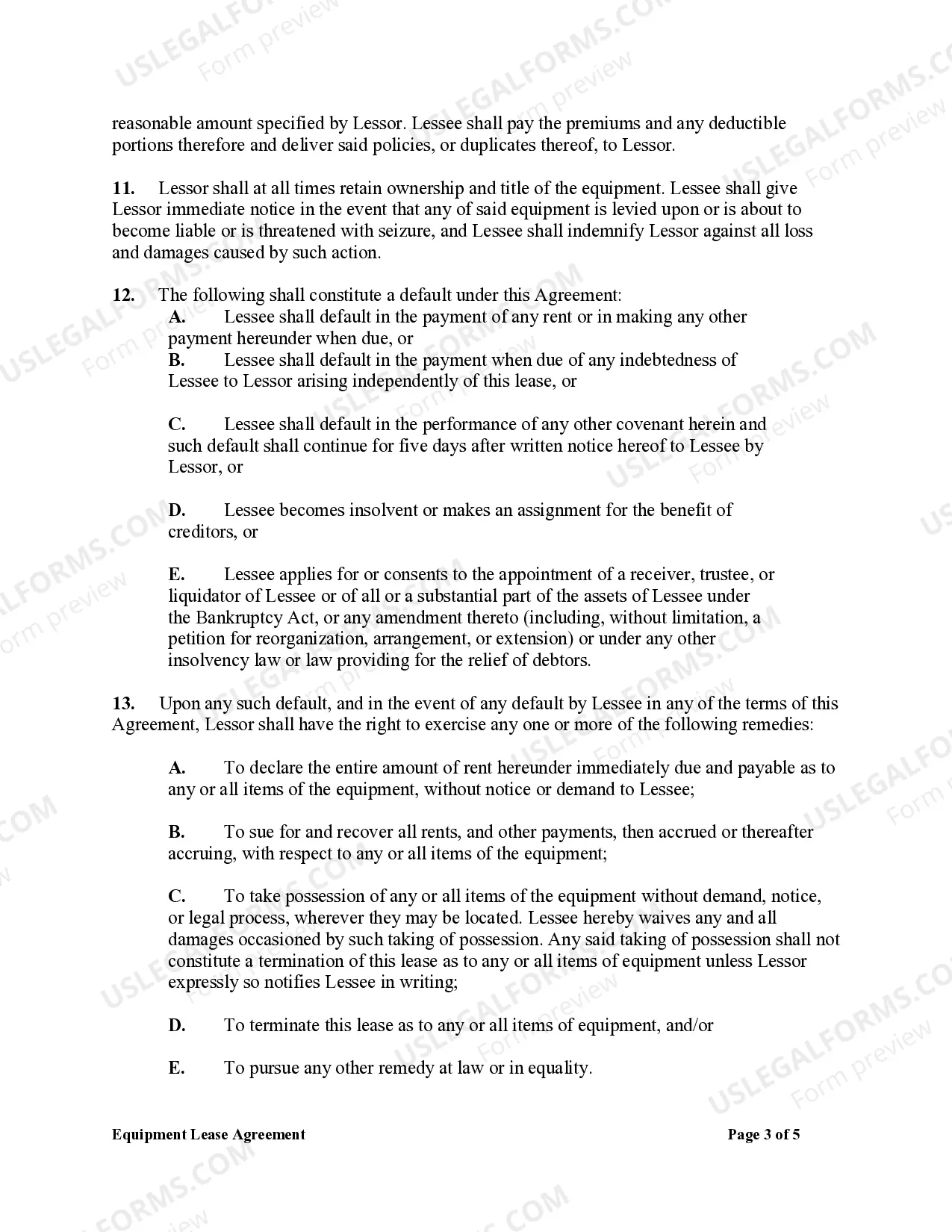 Preview Equipment Rental Agreement - Lease