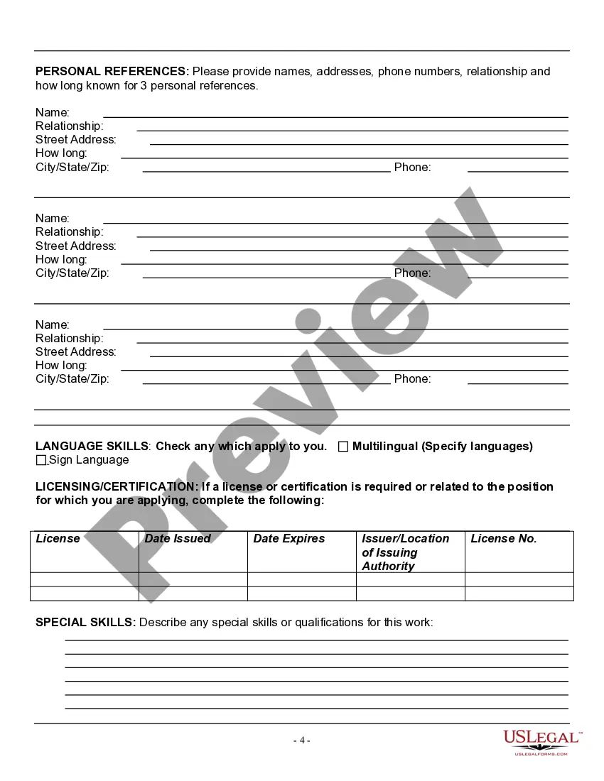 Preview Employment Application for Musician